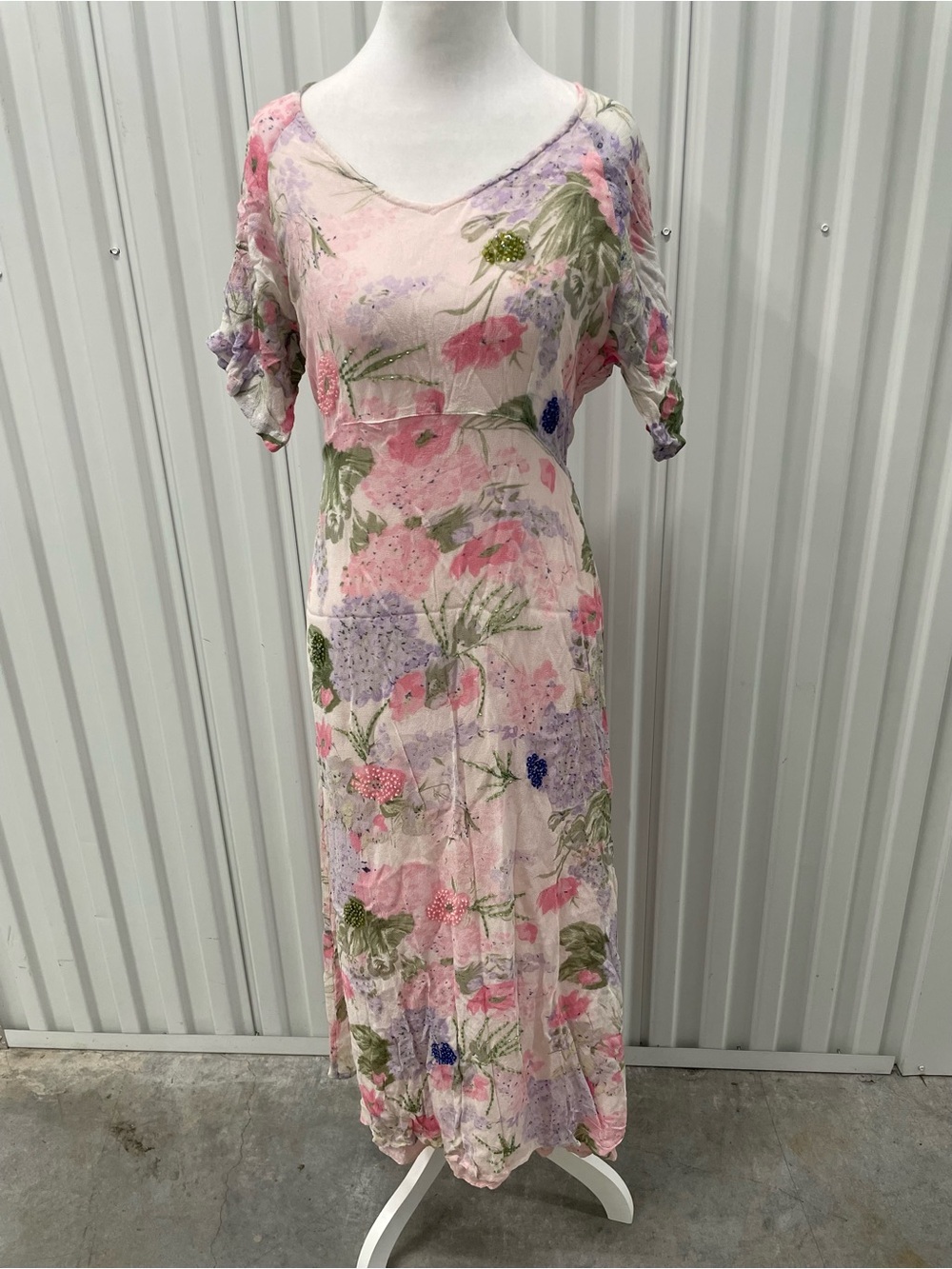 Vintage Pink Watercolor Floral Beaded Tie Back Maxi Dress Medium Fairycore 90s